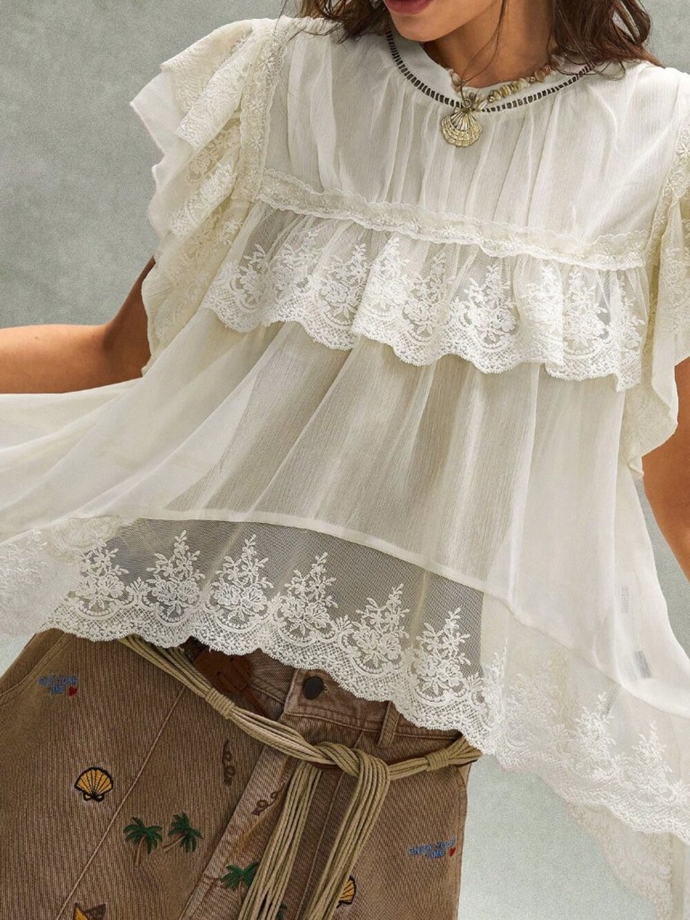 Apricot Boho Women's Embroidered Ruffled Lace Patchwork Blouse - Picture 5 of 9